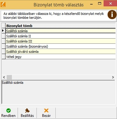 Bejövő számla típus választó