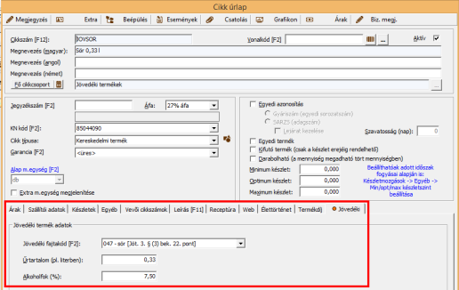 Jövedéki termék felvitele